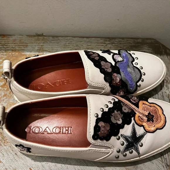 Coach Women’s Sz 11 White Leather Slip On Sneakers Star Embellishment Sequin - Picture 6 of 12